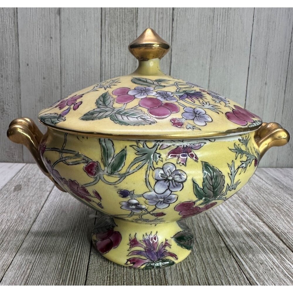 Vtg Chinese Gilding Lidded Trinket Dish 6" Red Stamp Floral Plum Gold Handles